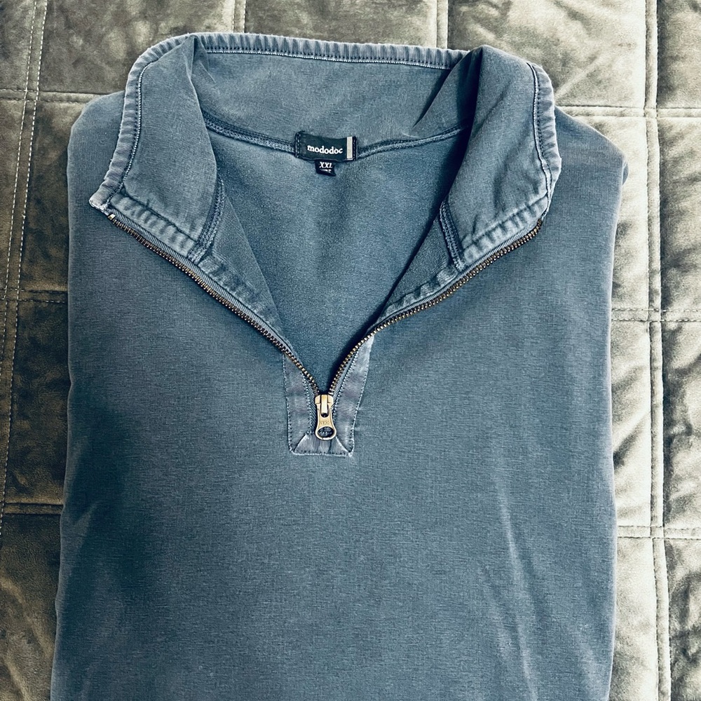 Mododoc Mens Blue 1/4 zip pull over long sleeve shirt. Size XXL. Soft cotton